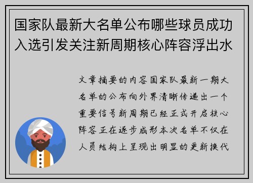 国家队最新大名单公布哪些球员成功入选引发关注新周期核心阵容浮出水面